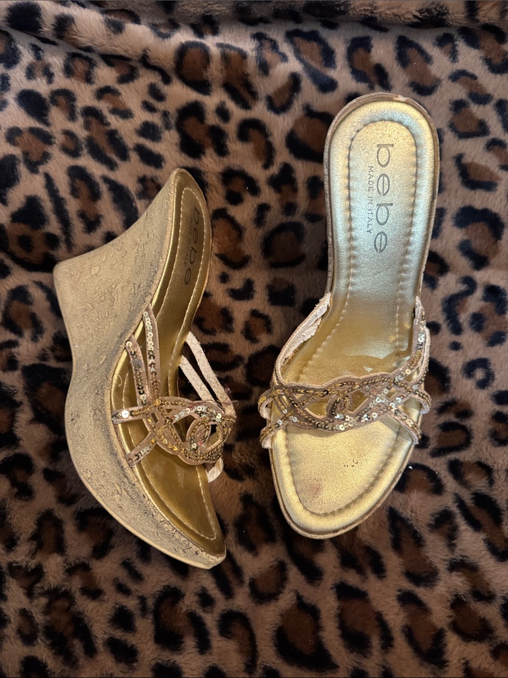 bebe Gold Sequin Wedge Sandals